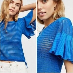 Free People Babes Only Crochet Tee Open Knit Flutter Sleeve Tie Hem Knit Top M
